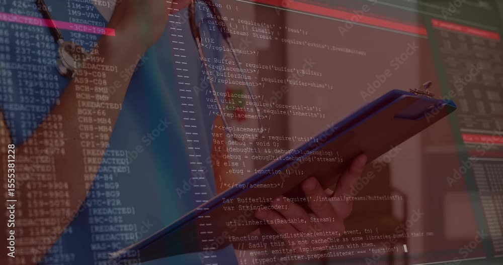 Poster clinician writing patient notes with red data overlay initiating code scrolling into ar interface