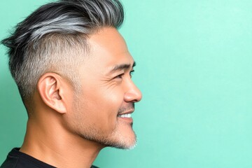 Green solid background. Chic men's high fade haircut - midlife southeast asian man with middle hair. Conceptual art of style for aging men. A confident and radiant gentleman embracing his loo.
