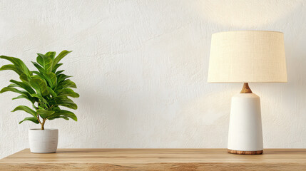 Fototapeta premium Cozy scene featuring stylish table lamp casting warm light beside potted plant on wooden surface