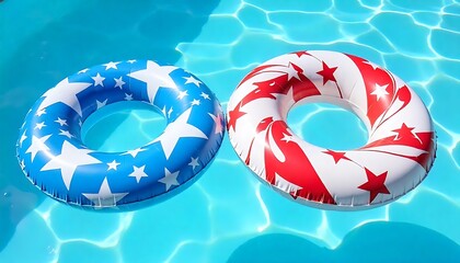 Patriotic Pool Floaties in Clear Blue Water INDEPENDENCE DAY AMERICA, created with generative ai