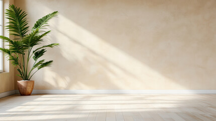 Warm toned wall with corner plant and diagonal sunlight creates serene atmosphere