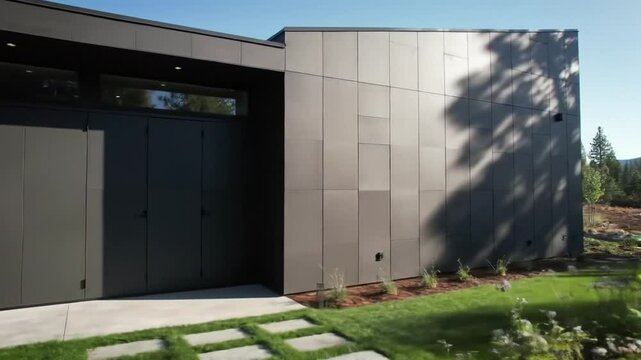 View of a modern building with a large gray door system and clerestory windows above
