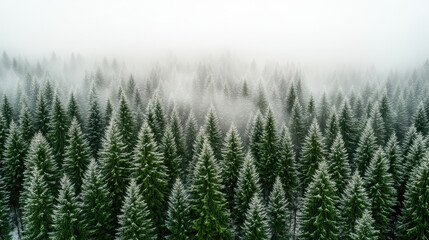 Fototapeta premium Snowy forest landscape with evergreen trees shrouded in mist, creating serene atmosphere