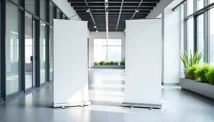 Modern Office Hall with Two Empty White Roll-Up Banner Stands for Business Presentations, mockup, Blank roll up banner stand in modern office, created with generative ai