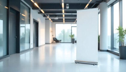 Modern Office Hall with Two Empty White Roll-Up Banner Stands for Business Presentations, mockup, Blank roll up banner stand in modern office, created with generative ai