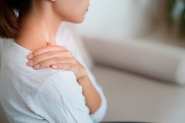 Woman holding her shoulder and neck with pained expression, experiencing discomfort and stiffness at home