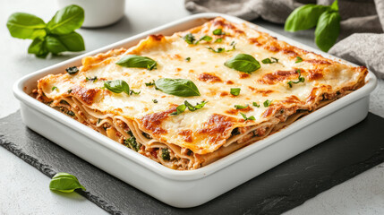 Baked lasagna with melted cheese and fresh basil leaves, served in white dish