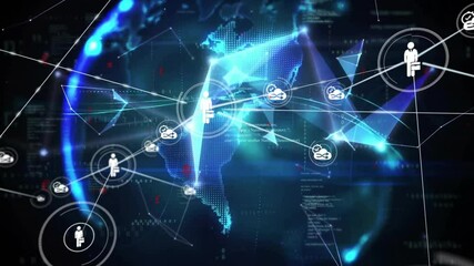 Pulsing ring activating person icon linking cloud icons, globe emerging, rotating, showing network - Powered by Adobe