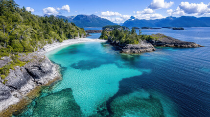 Obraz premium Aerial view of serene coastal landscape featuring turquoise waters, rocky shorelines