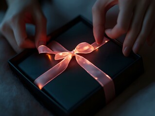 hands tying ribbon on gift box dark background pink ribbon