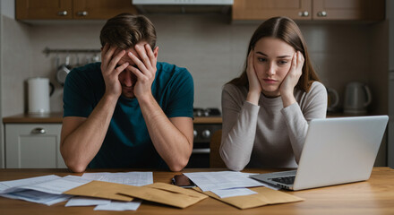 Stressed couple handling bills