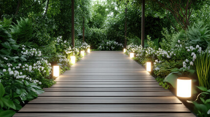 Serene garden pathway lined with glowing lanterns and lush greenery creates tranquil atmosphere