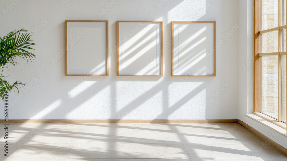 Poster empty gallery space with three blank frames on white wall, sunlight casting shadows