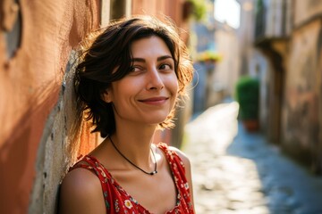 Portrait of a beautiful woman in a red dress in the old town