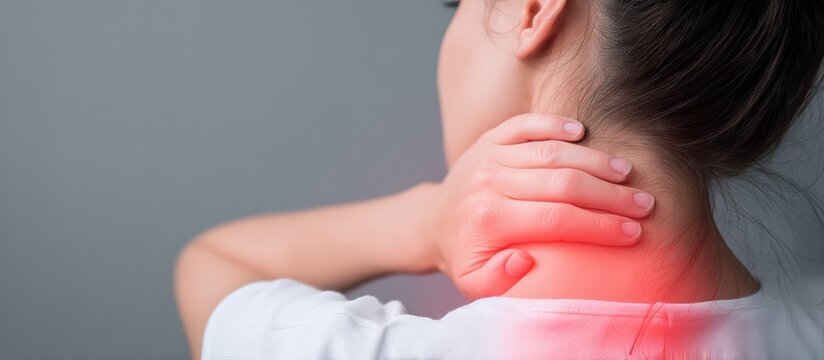 Close up of a woman experiencing neck and shoulder pain, highlighted by a red glow, against a simple grey backdrop
