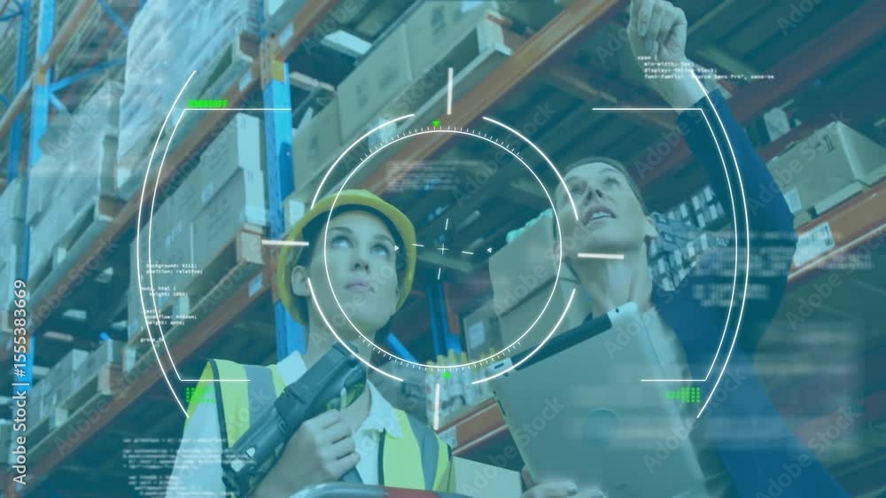 Poster supervisor guiding worker scanning boxes after pointing shelf in warehouse while hud tracking stock