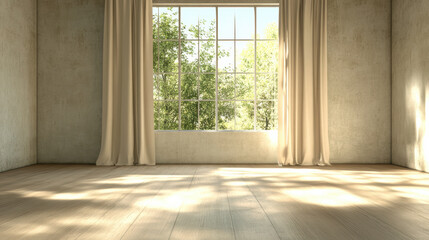 Bright room with large window, neutral curtains, and natural light illuminating space