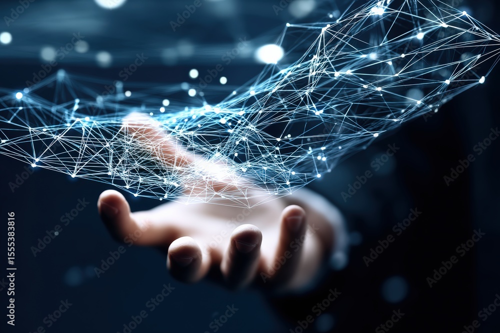 Poster Hand interacting with a futuristic digital network, symbolizing global connection and technological innovation