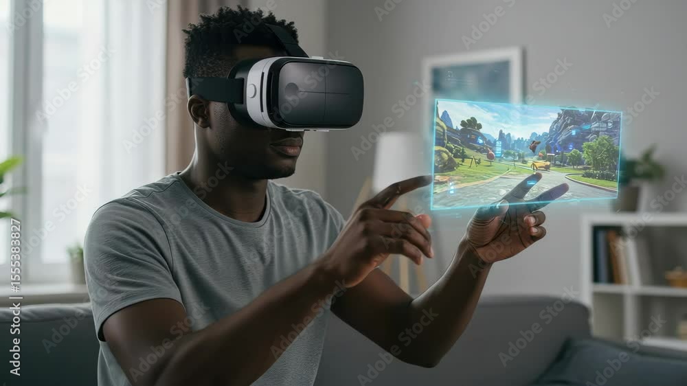 Poster exploring virtual reality interactions in a cozy indoor setting with immersive gameplay