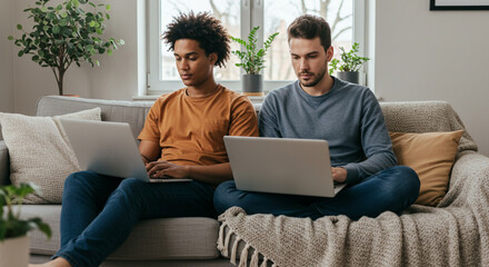 Men working from home on laptops