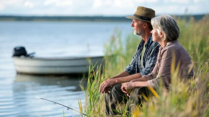 Senior couple by lake fishing together, enjoying peaceful nature and relaxation with small boat background, summer happiness and companionship, elderly couple outdoors, fishing rod, leisure activity - Powered by Adobe