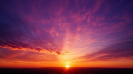 A vibrant sunset with stunning purple and orange hues painting the sky at dusk in a beautiful landscape.