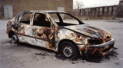 Burned car with melted hood, shattered windows, scorched tire, charred metal and soot showing aftermath of intense fire damage and vehicle destruction.