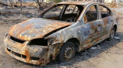 Burned car with melted hood, shattered windows, scorched tire, charred metal and soot showing aftermath of intense fire damage and vehicle destruction.