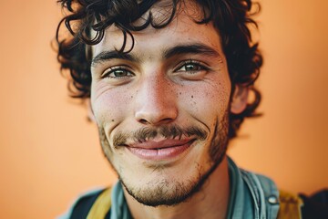 Portrait of a handsome young man with long curly hair and beard