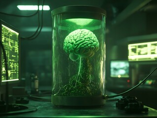 preserved brain, glass jar, green illumination, futuristic lab, scientific experimentation.