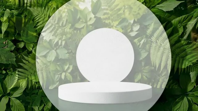 White round template podium mockup for natural organic cosmetic product presentation ad concept on green eco forest fresh leaves neture flat flay background