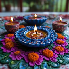 Colorful, decorative candles in ornate holders, surrounded by flowers and decorative patterns, create a festive ambiance