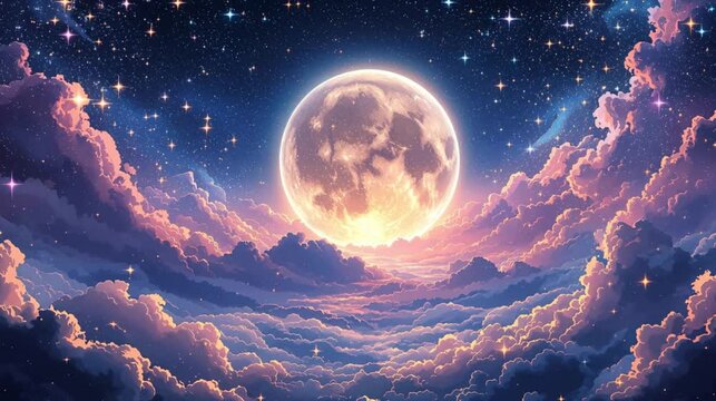 Fantasy anime night sky with glowing moon in dreamy painterly style