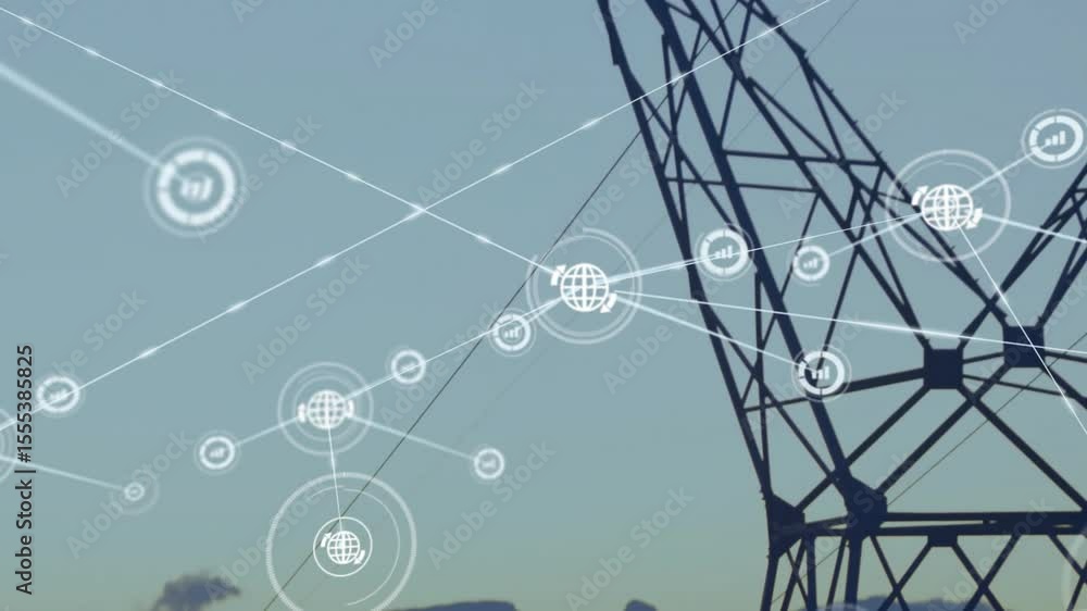 Poster glowing globe emerging, extending network line toward tower, spawning nodes showing connectivity