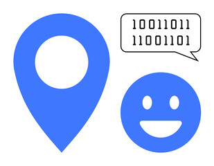 Obraz premium Blue location marker and smiling face exchanging binary code speech. Ideal for technology, communication, data transfer, location sharing, digital interaction, AI, simple landing page