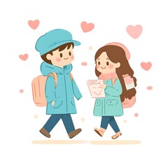 Cute couple walking, sharing a drawing, full of love