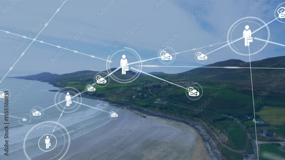 Poster briefcase figure appearing over coastal view expanding lines to cloud icons and showing network