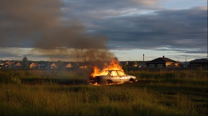 Obraz premium Burning car engulfed in flames and smoke in grassy field during summer, with background of traditional Russian village homes, highlighting rural fire emergency scene.