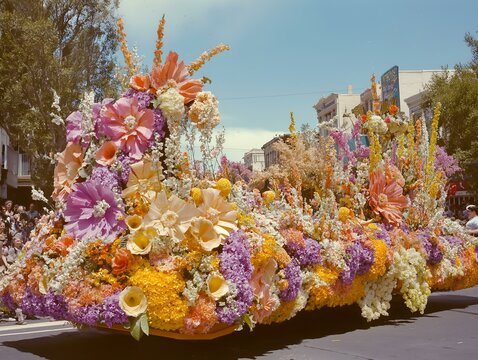 vintage parade float, floral decorations, colorful flowers, festive design, street parade.