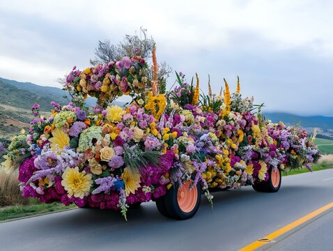 vintage parade float, floral decorations, colorful flowers, festive design, street parade.