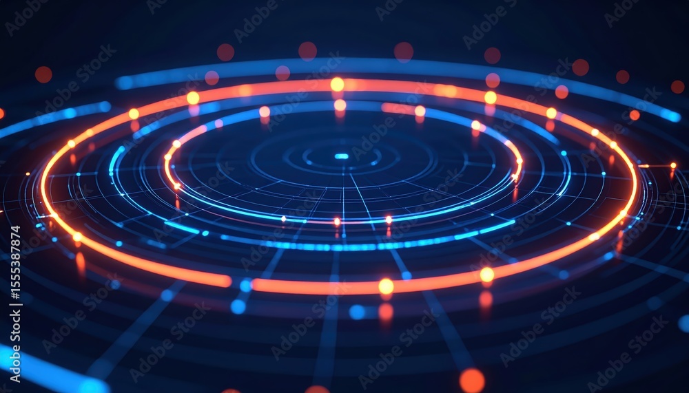 Poster futuristic digital technology interface with glowing circular data visualization elements on a dark 