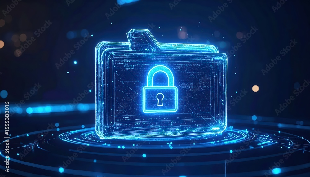 Poster digital security concept of a glowing blue lock icon inside a transparent folder displayed in a futu
