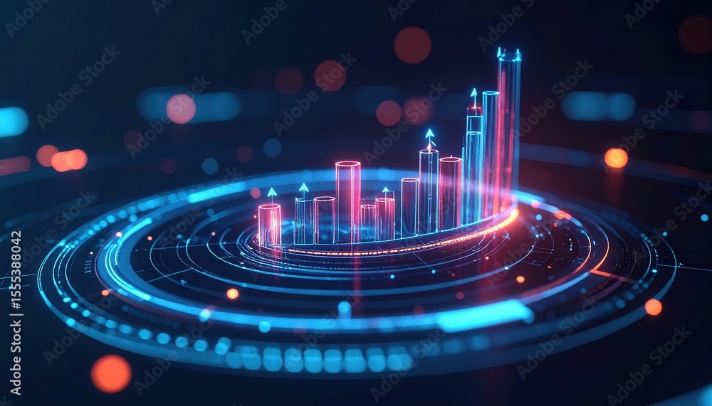 Poster futuristic digital data visualization with vibrant glowing bar graphs and circular interface element