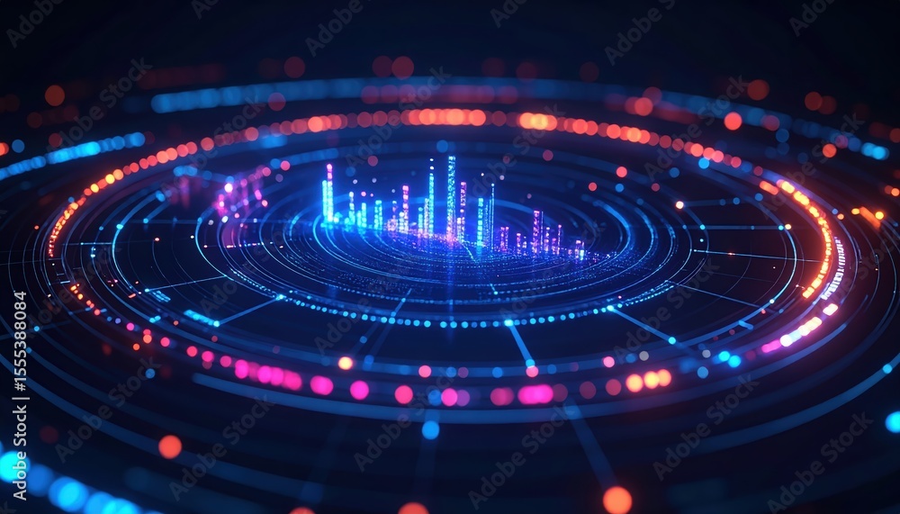 Poster vibrant futuristic digital interface with glowing concentric circles and rising bar graphs reflectin