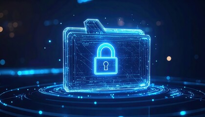Digital Security Concept of a Glowing Blue Lock Icon Inside a Transparent Folder Displayed in a Futuristic Network Environment for Data Protection