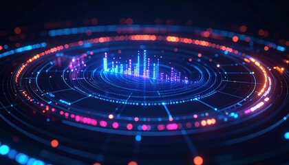 Vibrant futuristic digital interface with glowing concentric circles and rising bar graphs reflecting advanced technology and data visualization concepts