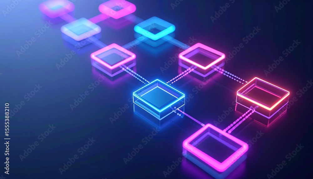 Poster abstract digital blockchain network illustration with interconnected glowing neon square icons repre