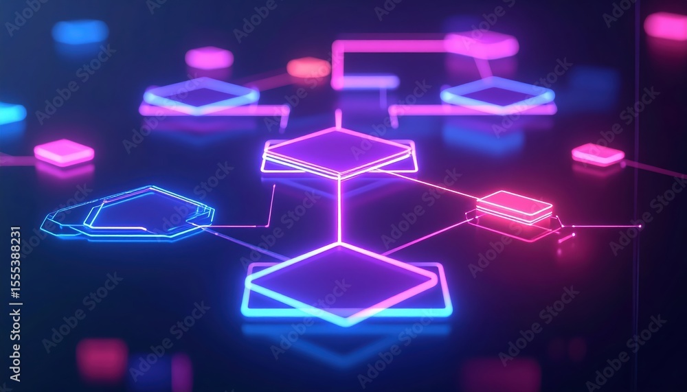 Aufkleber digital blockchain network illustrating interconnected hexagonal nodes with neon glow effect in vibr