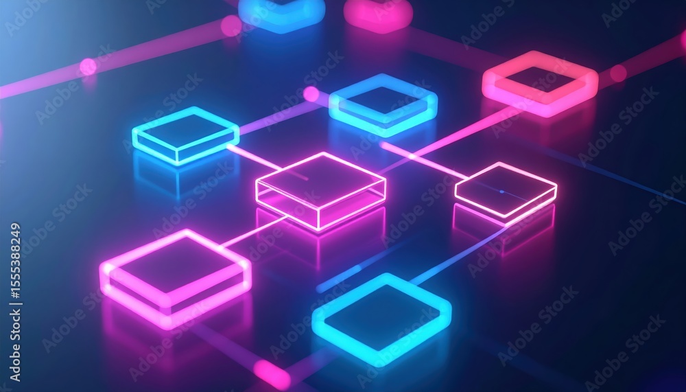 Aufkleber abstract technology network with glowing neon connected blocks in vibrant pink blue and purple color