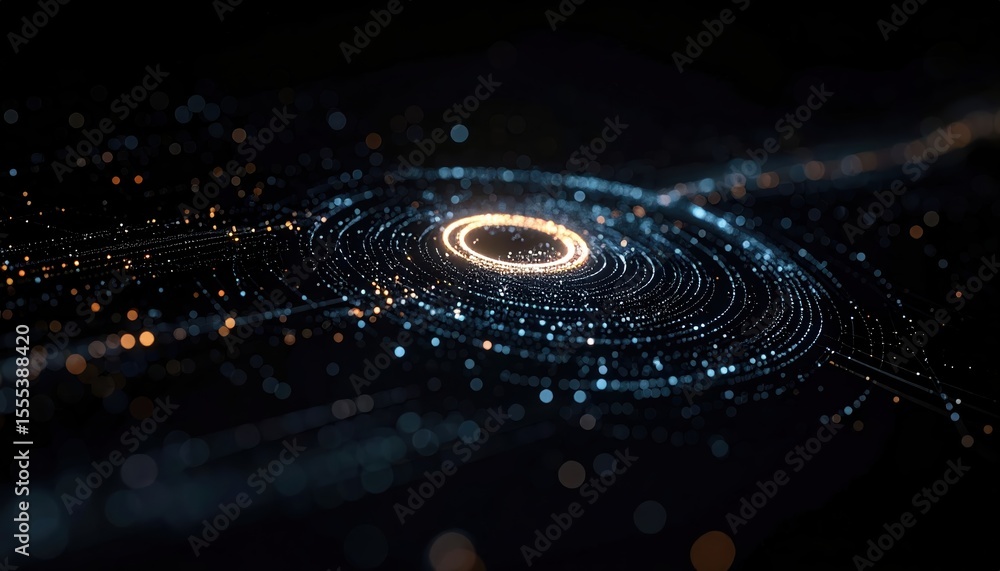 Poster abstract futuristic digital background with glowing concentric circles and moving particles represen